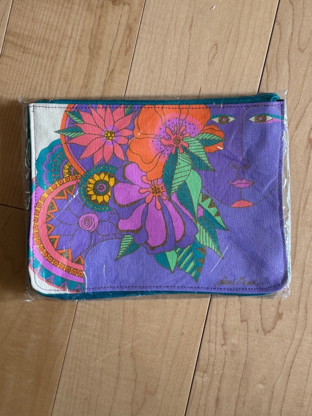 Vintage Laurel Burch Floral Face Canvas Pouch NWT